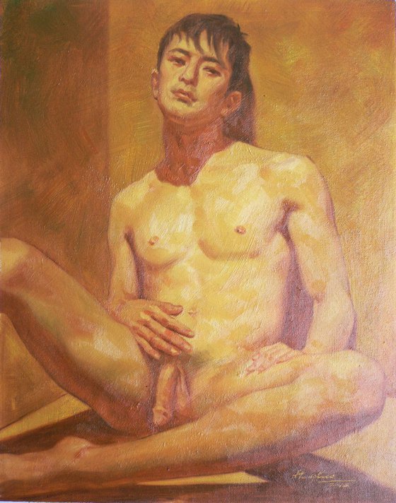 original oil painting art male nude asian boy men on linen #16-2-21