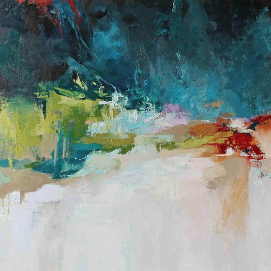 "Thunderstorm" Teal green red abstract art