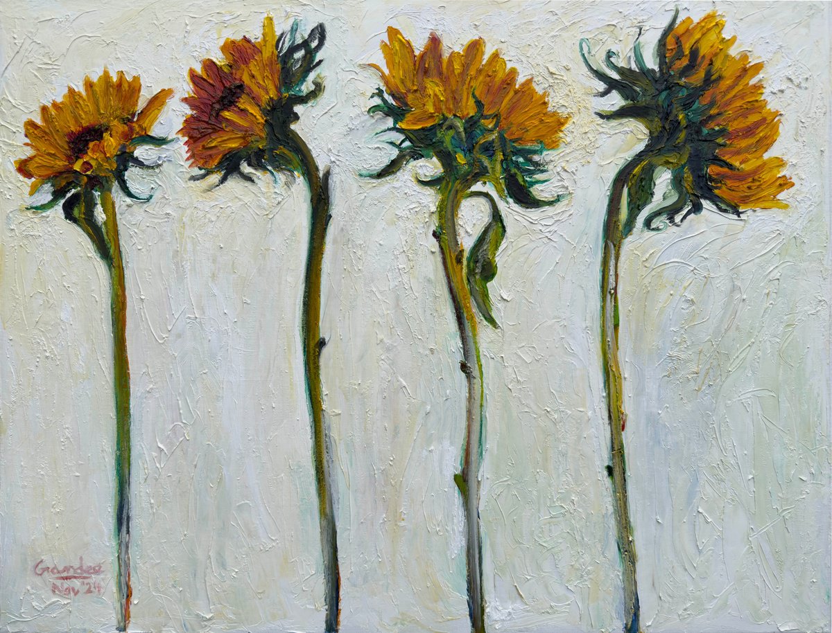 Impressionistic Botanical Oil Painting By Gandee Vasan, 30 X 24, Four Sunflowers, Original Artwork