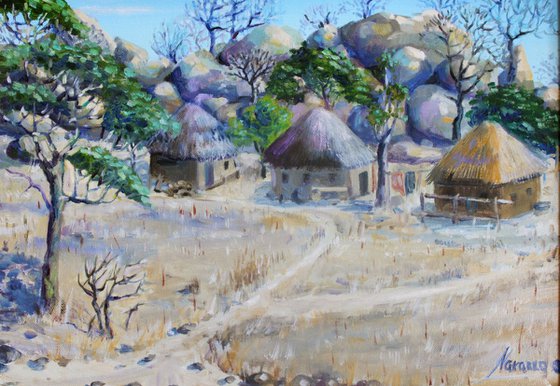 Original landscape painting of an African village