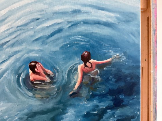 Swimming with my Friend - Swimmer Woman in Ocean Painting