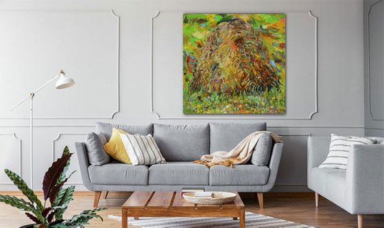 HAYSTACK. EARLY MORNING -  XL large landscape art, original oil painting, village countryside summer art green brown nature impressionism art office interior home decore 150x150 cm