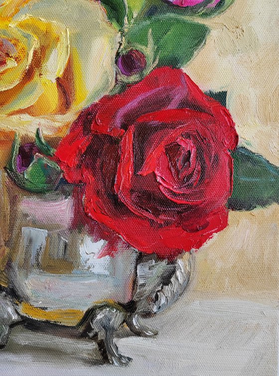 Yelow roses bouquet in Antique Metal Teapot still life bright oil painting 10x12''