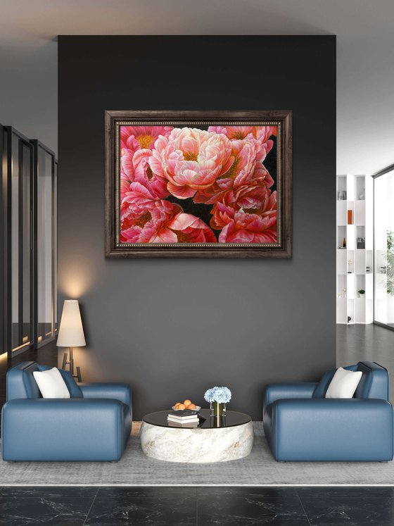 Red peonies on dark background