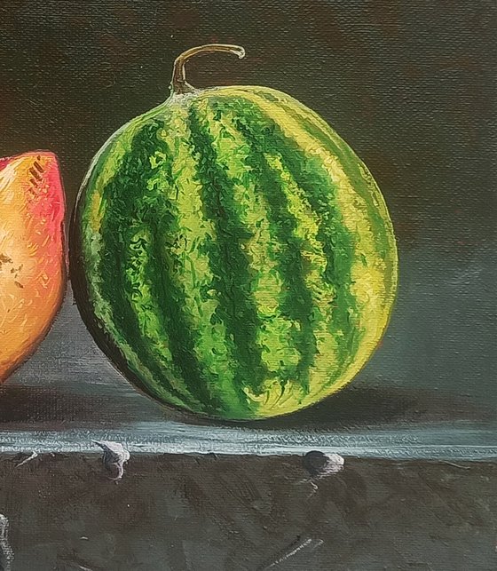 Still life pomegranate and small watermelons (40x30cm, oil painting, ready to hang)