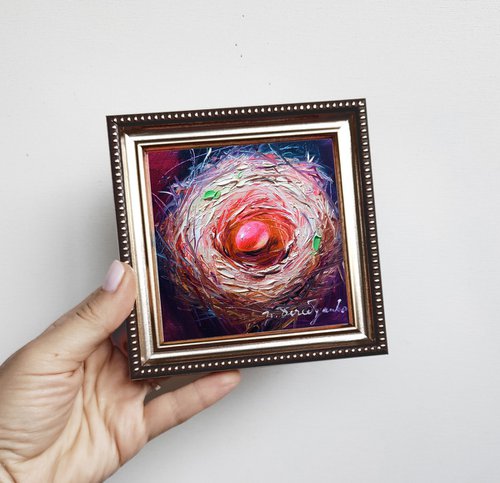 Bird nest painting original framed 4x4, Red ruby egg unique miniature oil painting small by Nataly Derevyanko