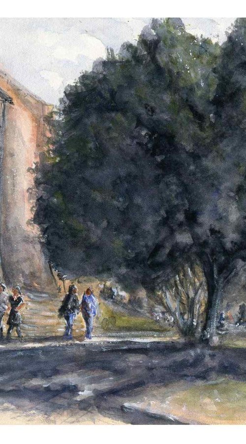 Stroll by the Shade - Watercolour Painting People in Landscape Original Art by Neil Wrynne