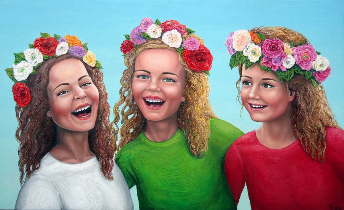 Photorealistic Portrait Oil Painting By Grigor Velev, 24 X 15, Three Sisters, Original Artwork