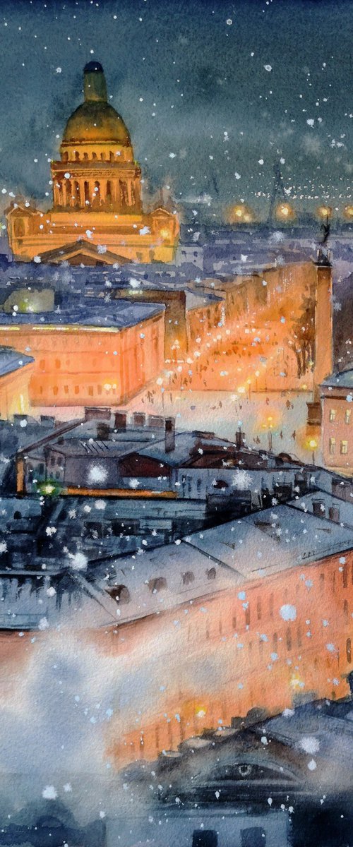 Magical Winter Evening in St. Petersburg by Olga Beliaeva Watercolour