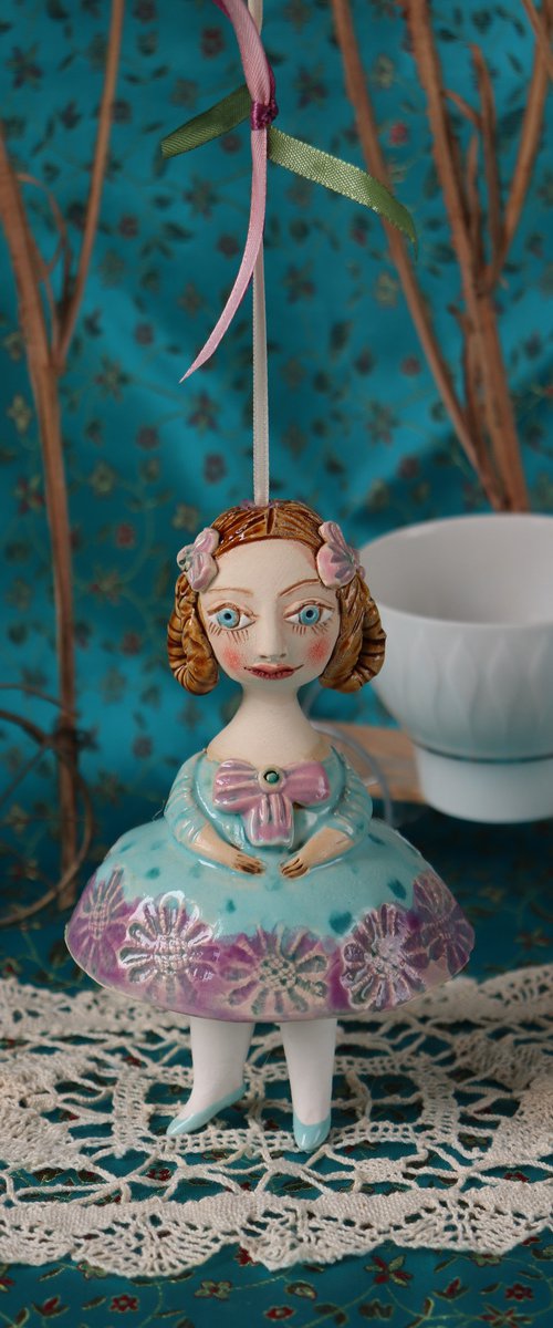 Little Girl in Mint Blue Dress. Tiny hanging sculpture by Elya Yalonetski