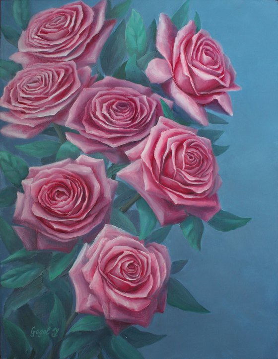 Pink roses on a blue