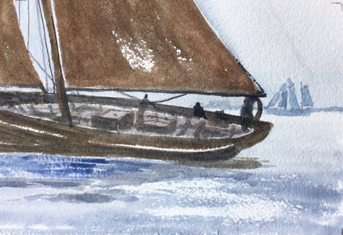 Barge sailing, an action filled watercolour painting. by Julian Lovegrove Art