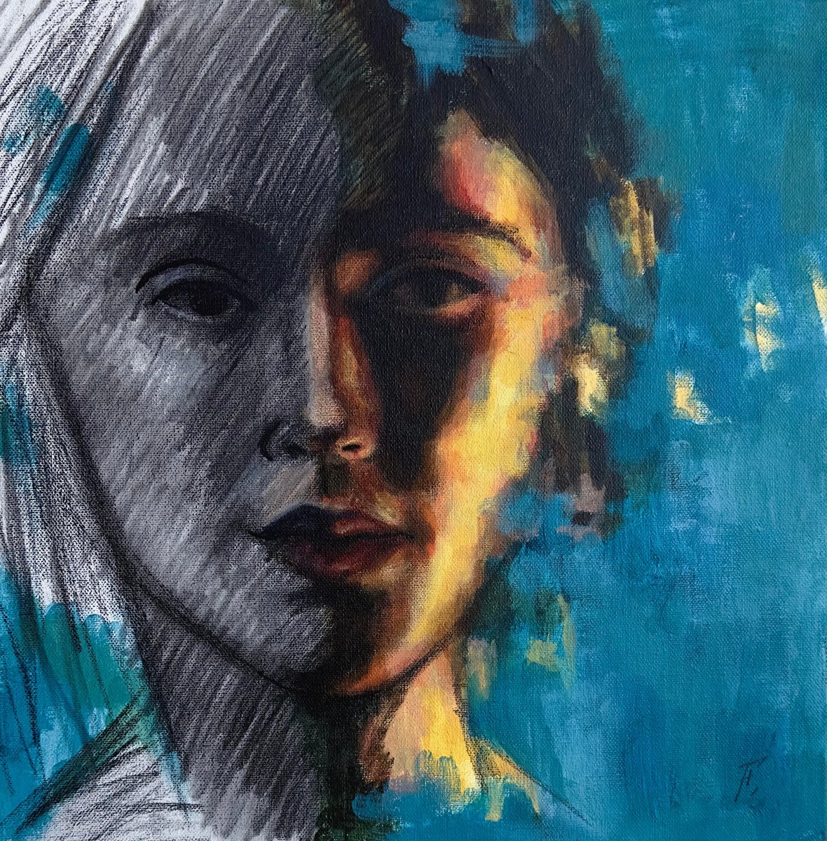 Urban And Pop Portrait Acrylic Painting By Nikola Gulev, 16 X 16", "Fragments Of Soul", Original Artwork