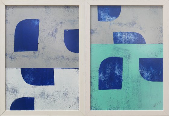 Diptych - Art on Paper - Incl Frame - Grey & Blue Stacked 24J