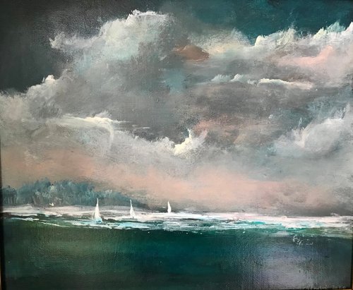 Seascape  Yachts Approaching The Coast II Framed by Maxine Anne  Martin