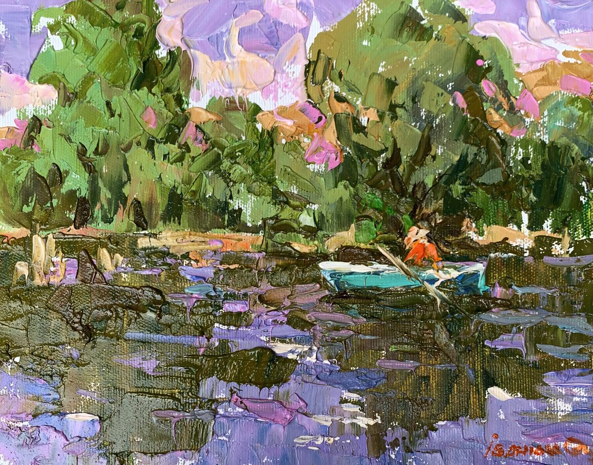 Impressionistic Landscape Oil Painting By Kalenyuk Alex, 10 X 8", Summer Fishing, Original Artwork