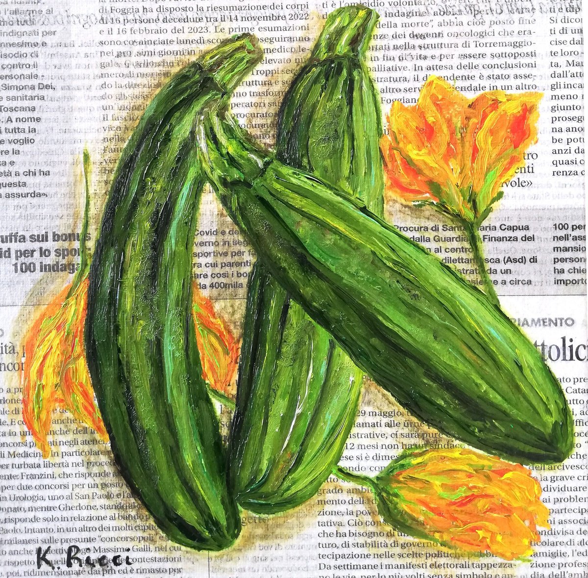 Zucchini Flowers on Newspaper Original Oil on Canvas Board Painting 8 by 8 inches (20x20... by Katia Ricci