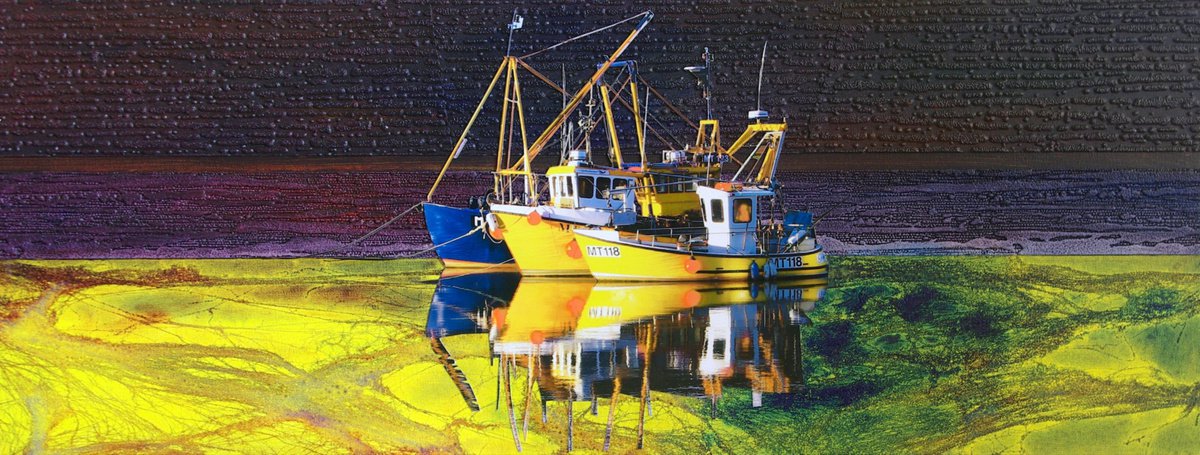 Maryport Fishing Boat Trawlers, a sunny tranquil harbour panoramic scene by oconnart
