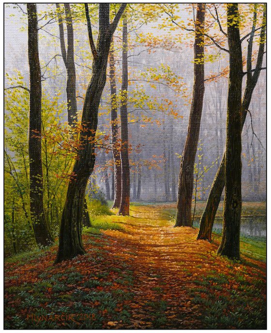 Autumn pavement at the pond