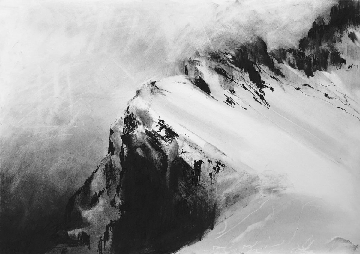 Expressive Landscape Charcoal Drawing By Sophie Coe, 23 X 17", Mountain Series 1, Original Artwork