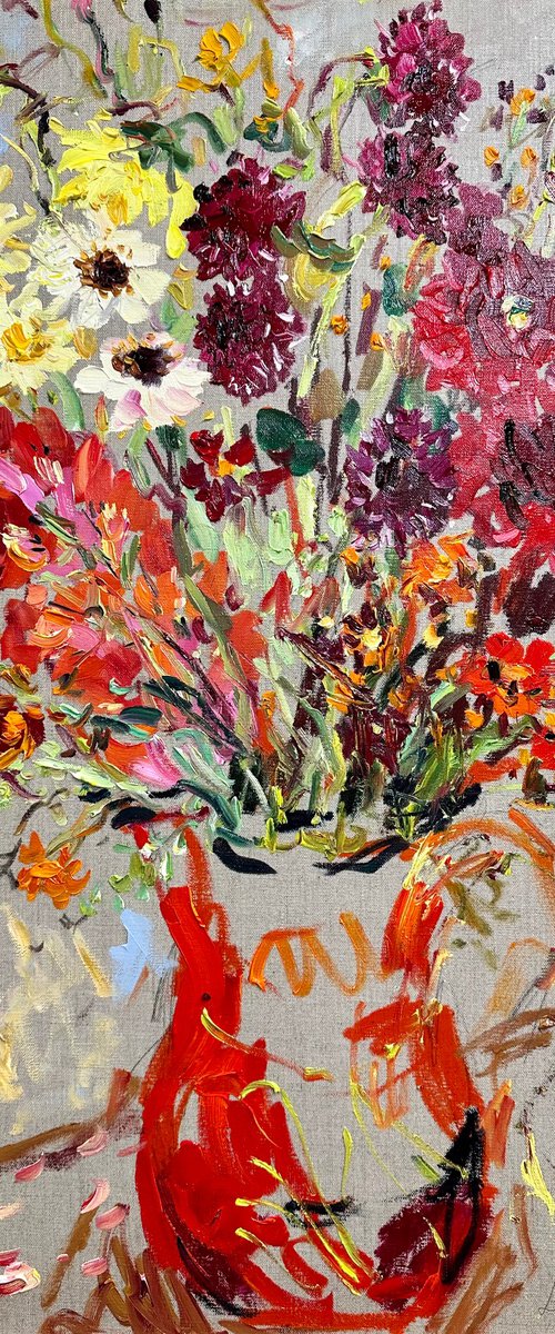 Summer flowers in a red jug by Lilia Orlova-Holmes