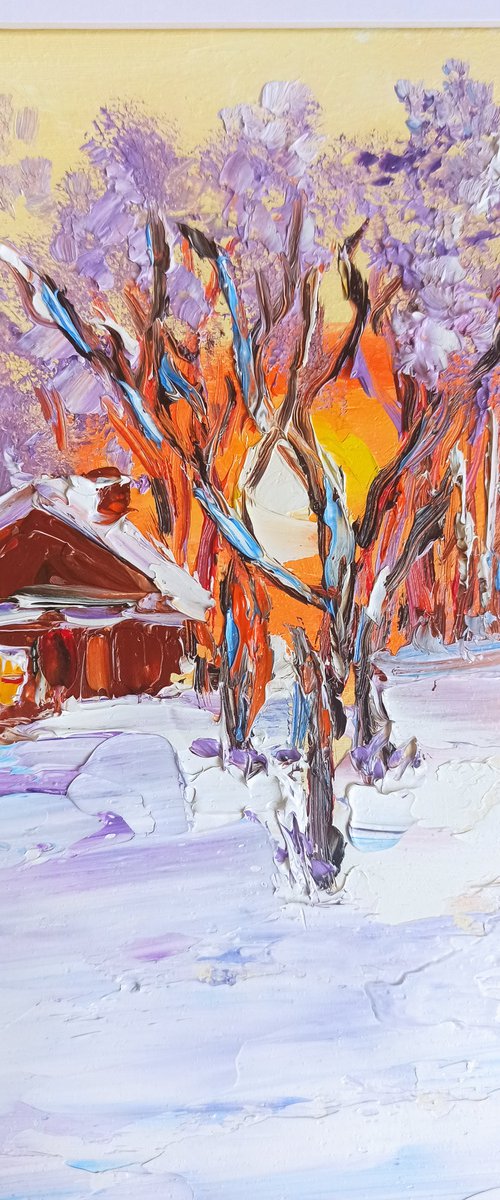 House in the winter forest at sunset Painting by Oksana Fedorova