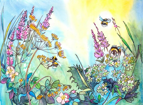 Bee painting, Bumble bee, Bees in watercolour, Bee wall art, ink and wash, Bee watercolor, watercolour, watercolor,