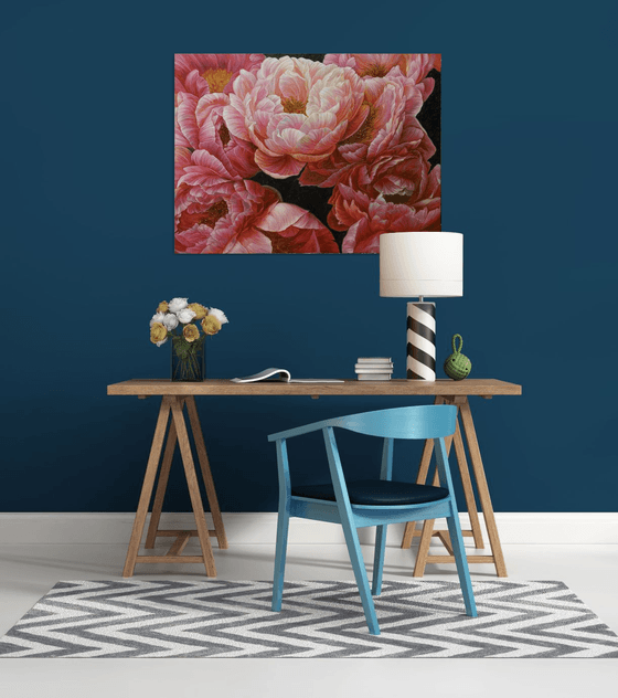 Red peonies on dark background