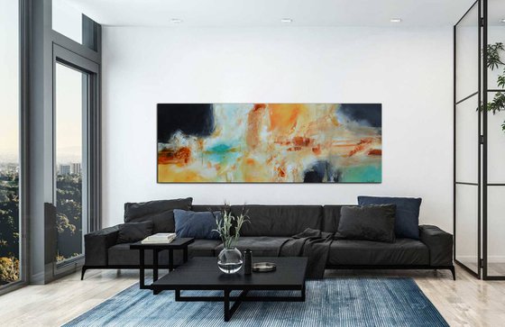 Ocean blue  (24" x 72" - 60 cm x 182 cm) Gold and aqua Abstract Painting ready to hang -