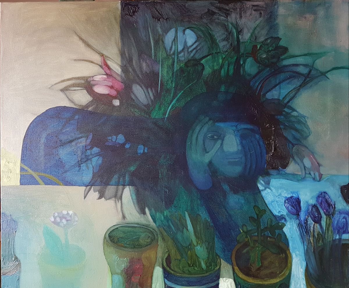 Urban And Pop Portrait Oil Painting By Anna Bulkina, 37 X 30, Game Gardener, Original Artwork