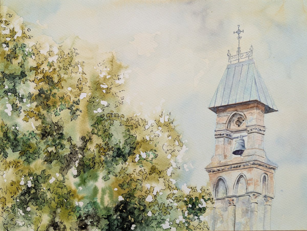 Expressive Cityscapes Watercolour By Richard Freer, 16 X 12", Bell Tower, Original Artwork