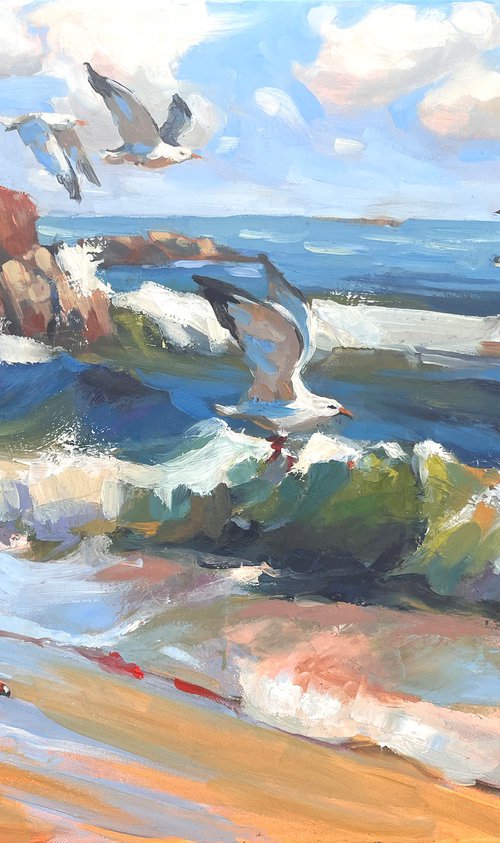 Seagulls over Breaking Waves. Oil Painting by Elena Recondo