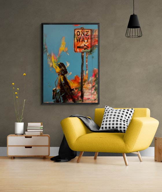 Bright vertical painting - "ONE WAY" - Street art - City - Street - Girl - Road sign - Urban art - Cityscape