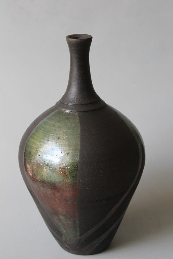 Raku Bottleneck Poured Green Lustre Glaze.