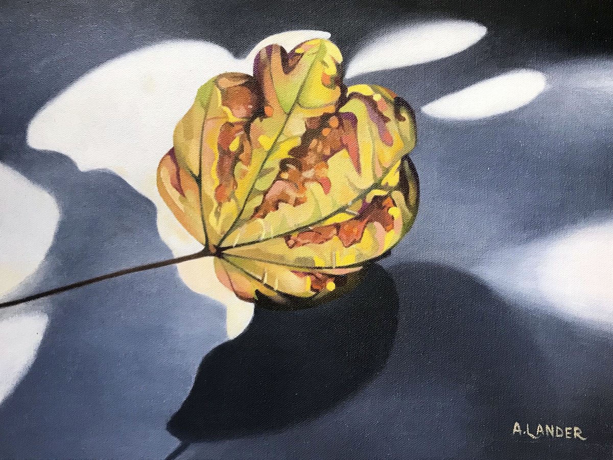 Illustrative Still Life Oil Painting By Andrew Lander, 16 X 12, Crisp Tree Leaf 1, Original Artwork