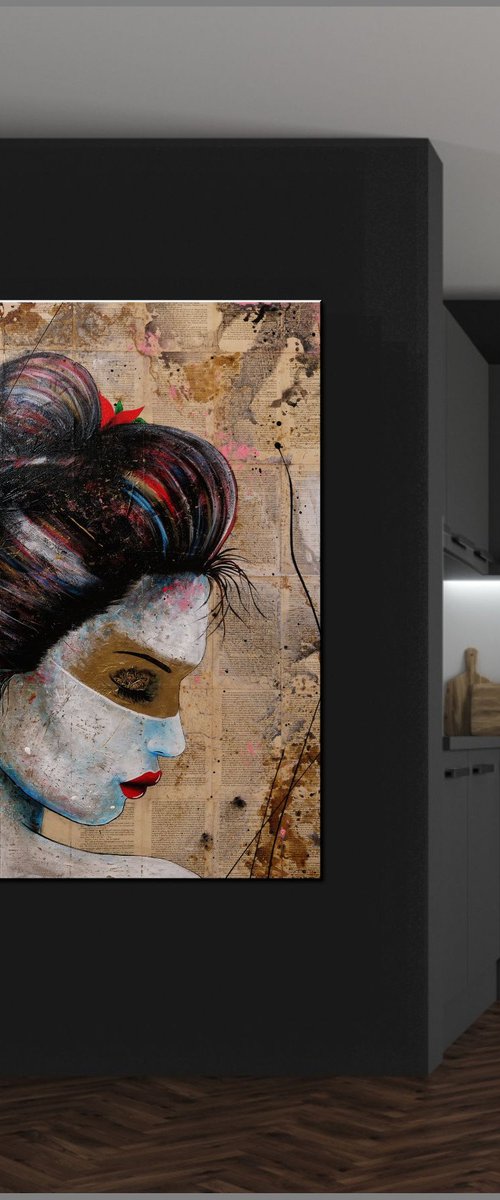 Calming Serenity 120cm x 120cm Geisha Book Page Urban Pop Art by Franko