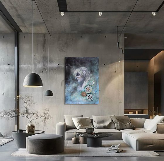 Volto composto tra la nebbia del tempo