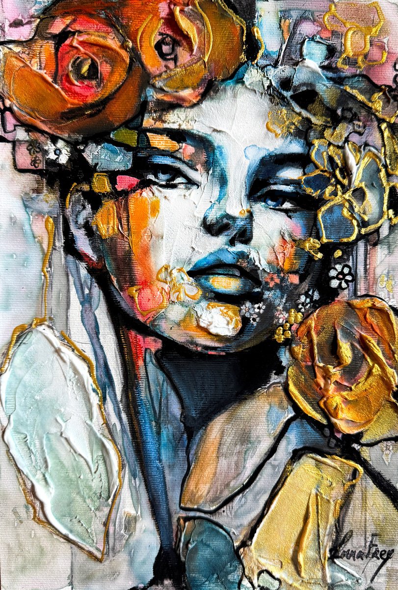 Expressive Portrait Painting By Lana Frey, 8 X 12", Roses Of Eternal Light, Original Artwork