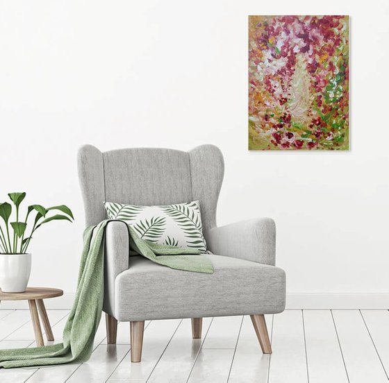 Abstract Tropical Flowers. Floral Garden. Abstract Red Floral Original Painting on Canvas 46x61cm Modern Art