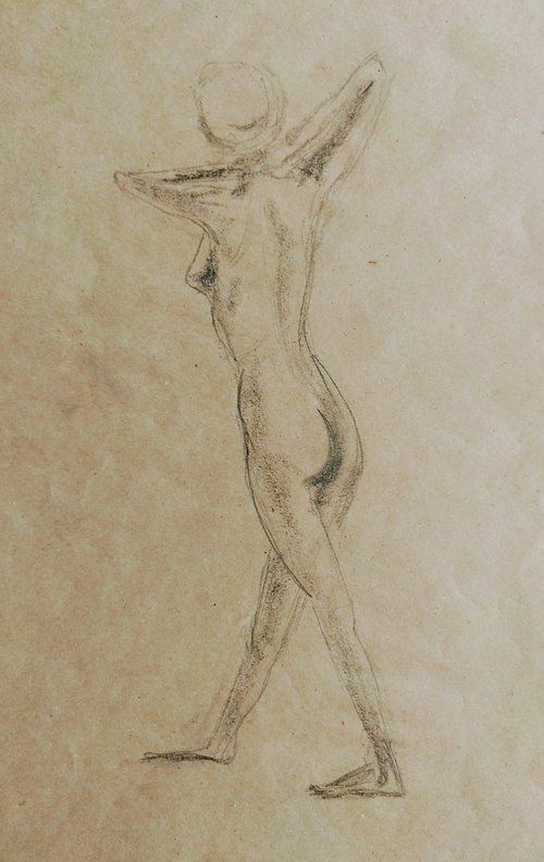 Nude. Sketch. Original pencil drawing on beige paper by Yury Klyan