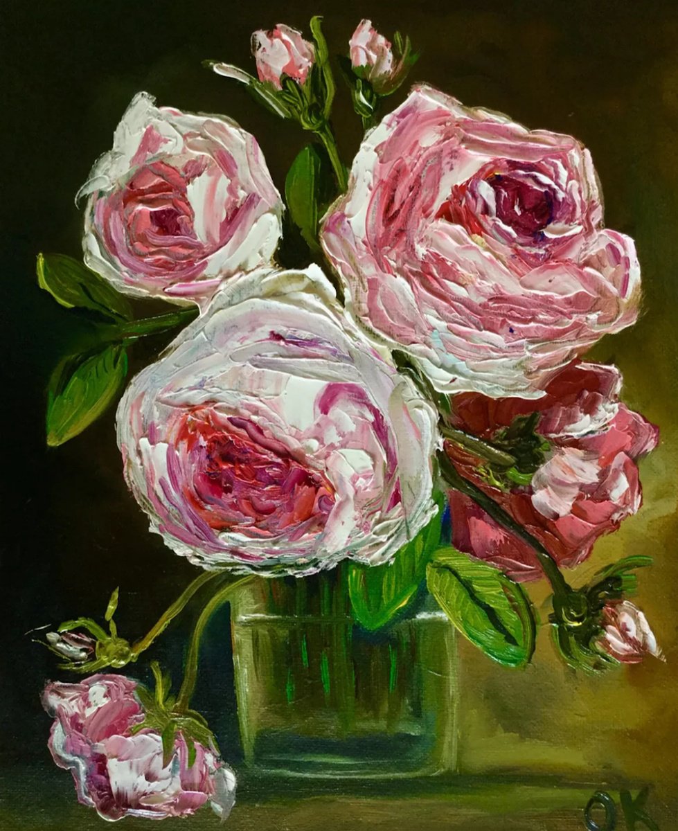 Impressionistic Botanical Oil Painting By Olga Koval, 10 X 12", Bouquet Of Roses, Original Artwork
