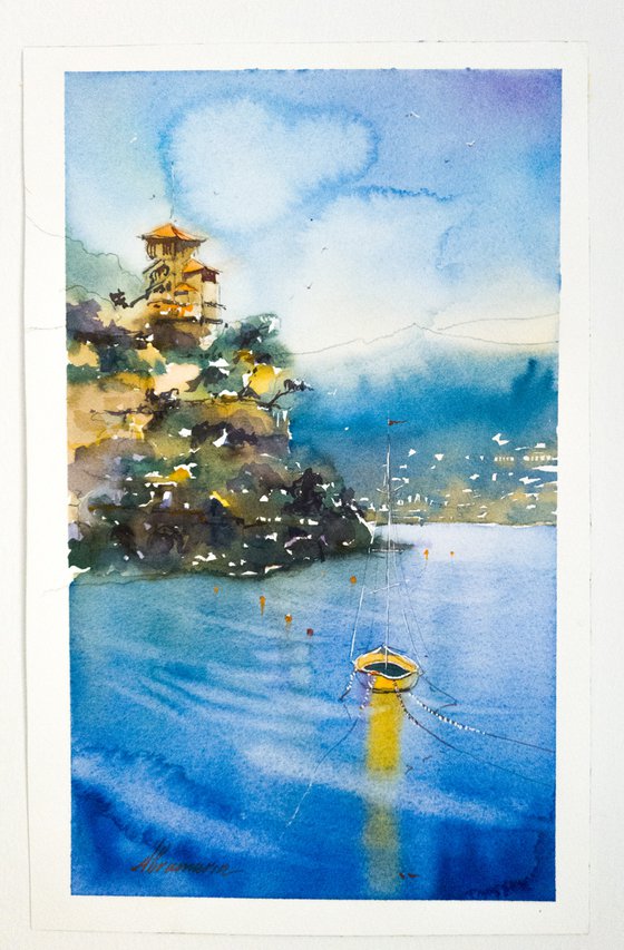 Liguria. Yellow yacht on the waves. Original watercolor picture.