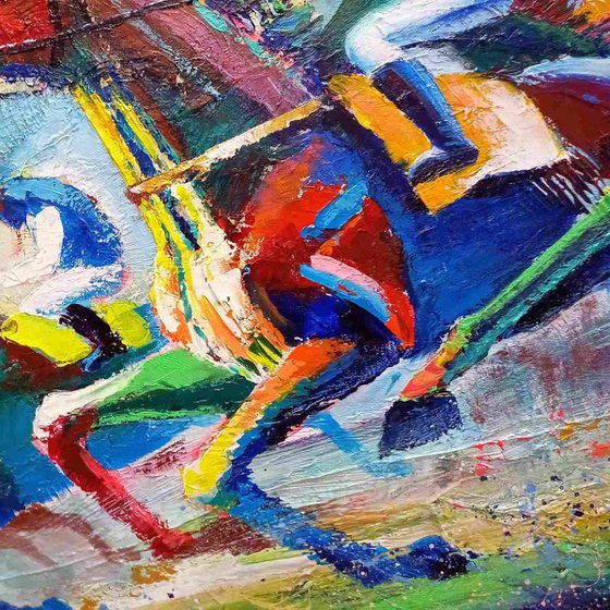 Expressive Horse Racing Artwork, Dynamic Vibrant Acrylic Painting, Impressionist Style