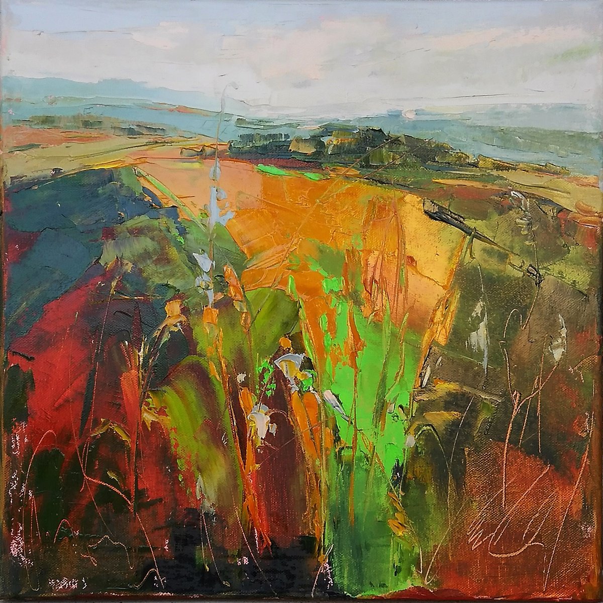 GENEROUS AUGUST, 40x40cm, summer fields landscape by Emilia Milcheva