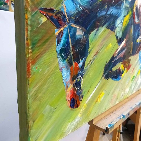 Graceful Horse Leap: Dynamic Equestrian Artwork in Vibrant Oil Colors