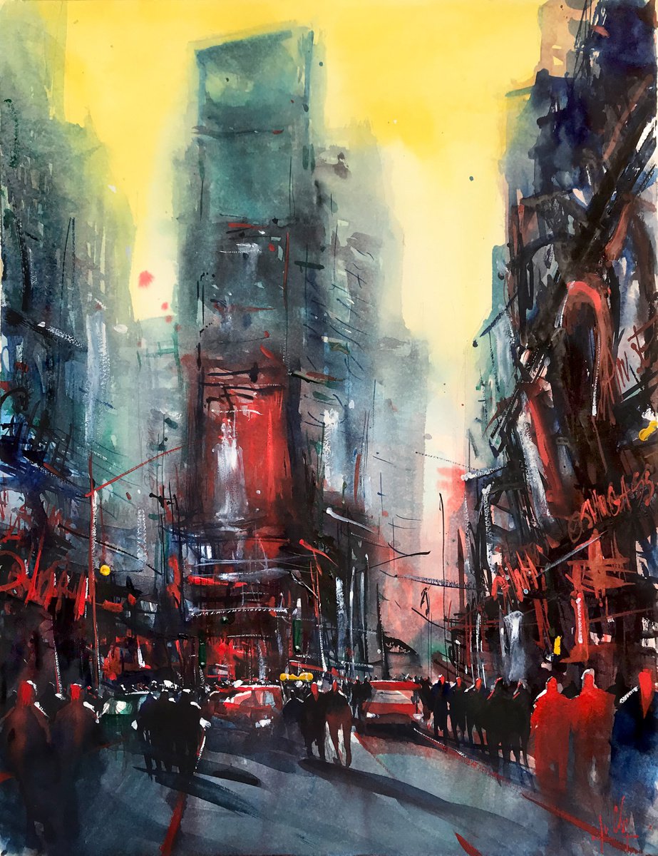 Impressionistic Cityscapes Watercolour By Nicolas Jolly, 20 X 28", New York 124, Original Artwork
