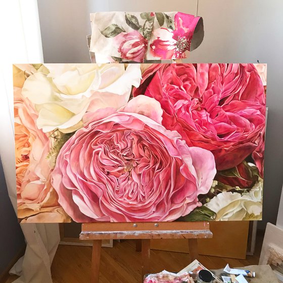Original oil painting with flowers "Lovely roses" 110 * 70 cm