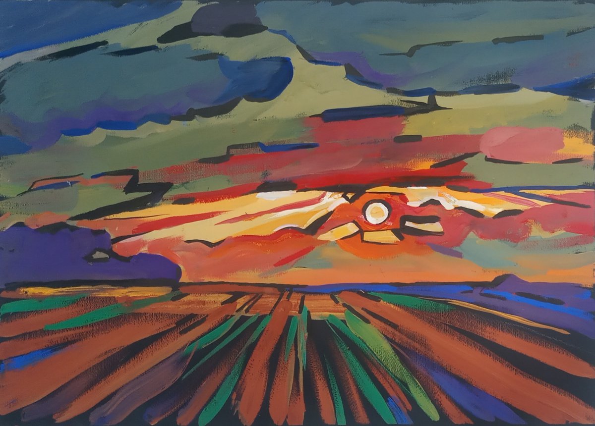 Impressionistic Landscape Painting By Valentina Kachina, 28 X 20", Sunset, Original Artwork