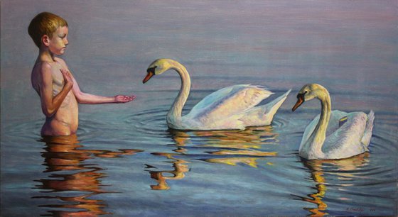 Child and swans