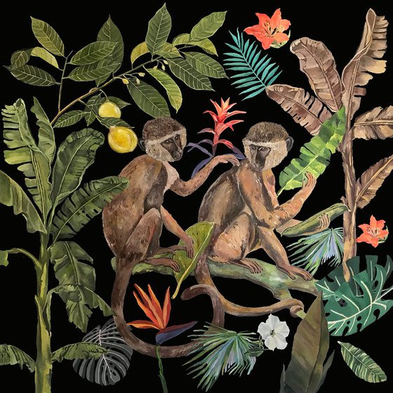 Jungle Heart Beat  - Two Macaques - Art-Deco - Organic Floral, XL LARGE PAINTING